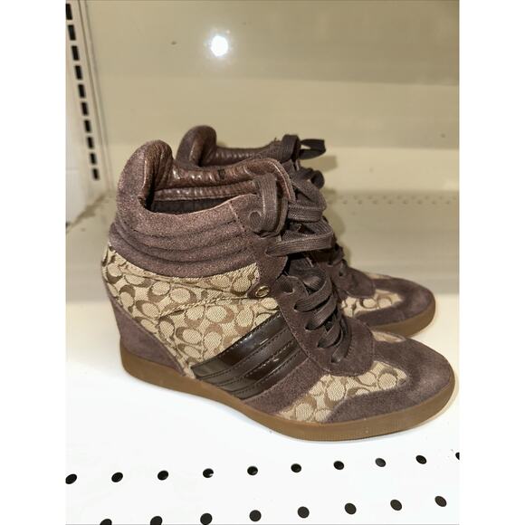 Coach Alara Women’s Brown Suede/Canvas Hidden Wedge Ankle Boots – Size 6.5M - Picture 3 of 11